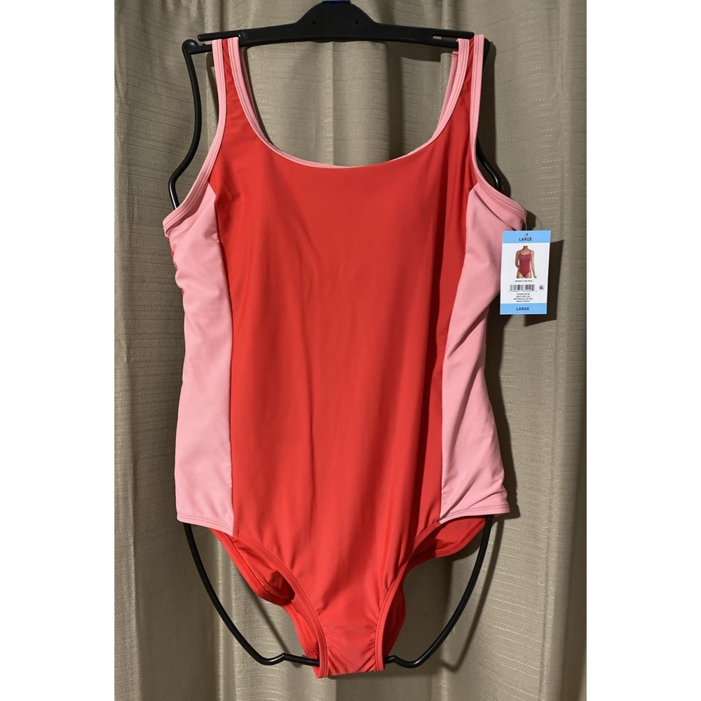 Lands' End Womens Red Pink Colorblock One Piece Swimsuit Scoop Neck Large 14-16 - Picture 2 of 6